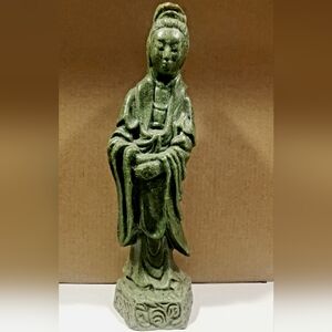 9.6" Chinese Natural Green Jade Carving Kwan-yin Guan Yin Goddess Statue